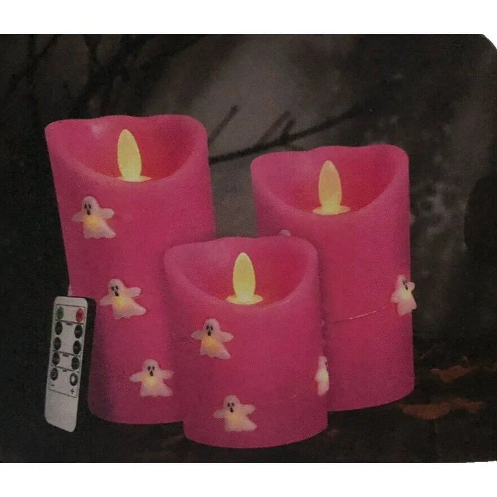 Silverstro Halloween Flameless Real Wax Candles Remote Pink Ghosts Set of 3